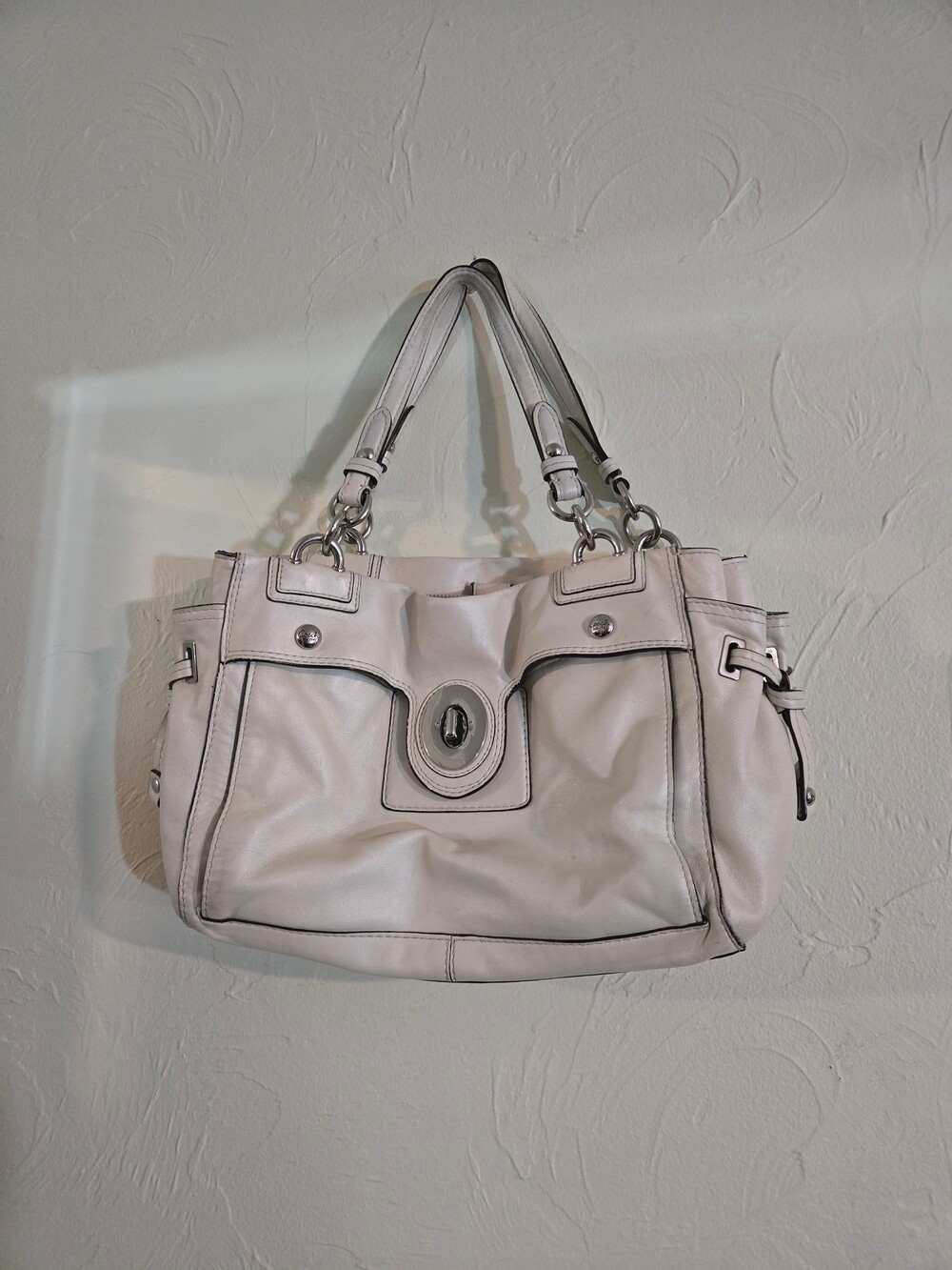 Coach White Leather Handbag with Silver Hardware and Dual Shoulder Straps